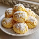 A stack of bright yellow Lemon Cookies generously dusted with powdered sugar, resting on a white plate.