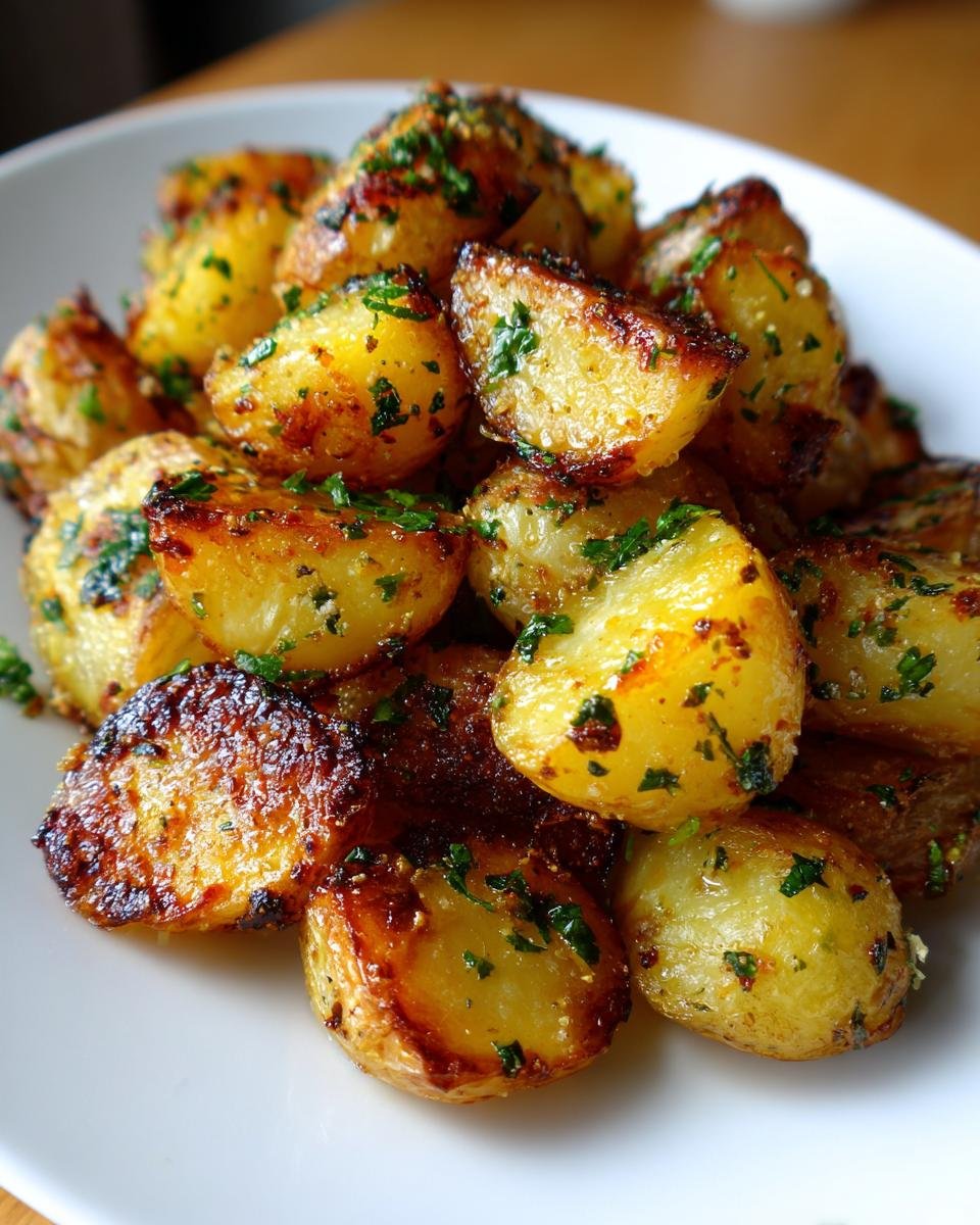 A close-up of golden brown Lemon Garlic Oven Roasted Potatoes garnished with fresh parsley on a white plate.