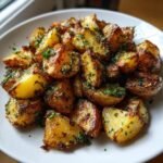 A close-up of golden brown, crispy Lemon Garlic Oven Roasted Potatoes garnished with fresh parsley.