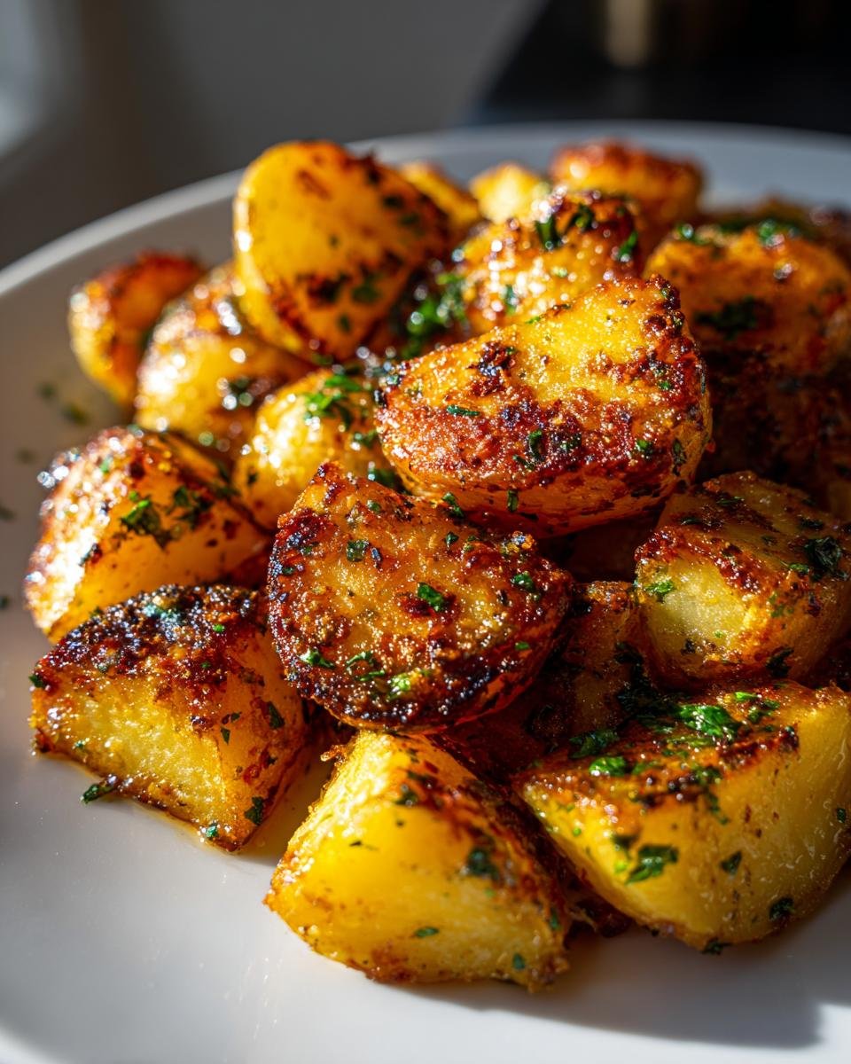 Close-up of golden brown, crispy Lemon Garlic Oven Roasted Potatoes sprinkled with fresh parsley.