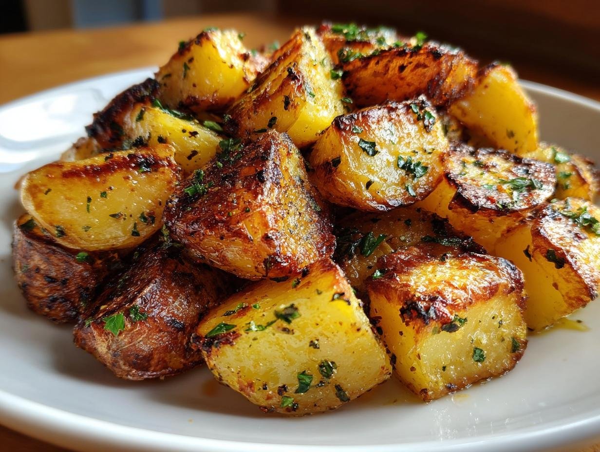 A close-up of perfectly crispy Lemon Garlic Oven Roasted Potatoes, golden brown and sprinkled with fresh parsley.