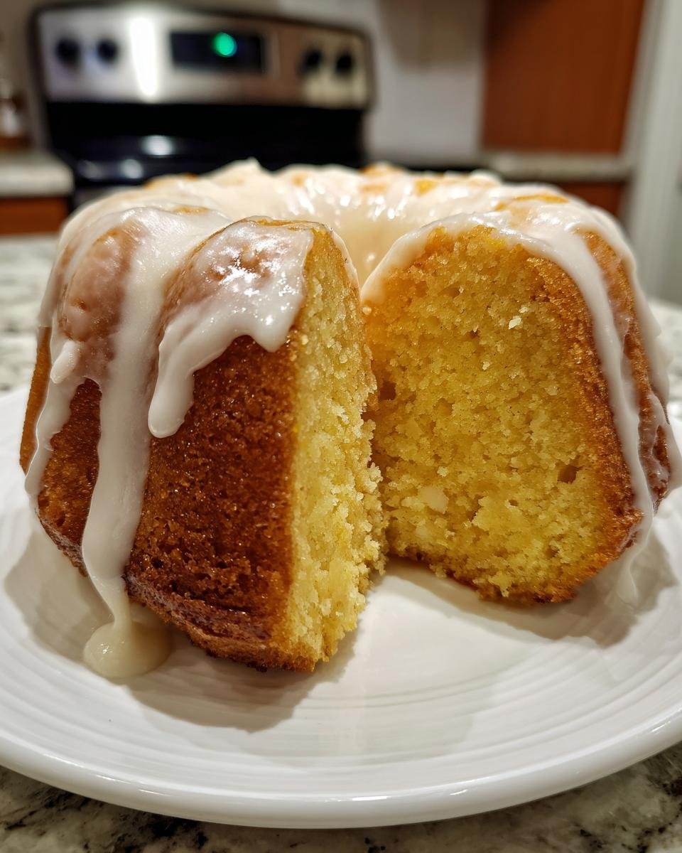 A slice cut from a moist Lemon Ginger Bundt Cake drizzled with white glaze, sitting on a white plate.