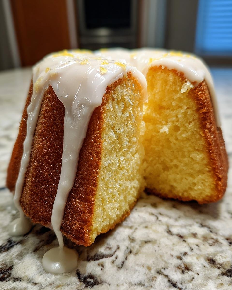 Close-up of a slice cut from a Lemon Ginger Bundt Cake, showing the moist crumb and thick white glaze dripping down.