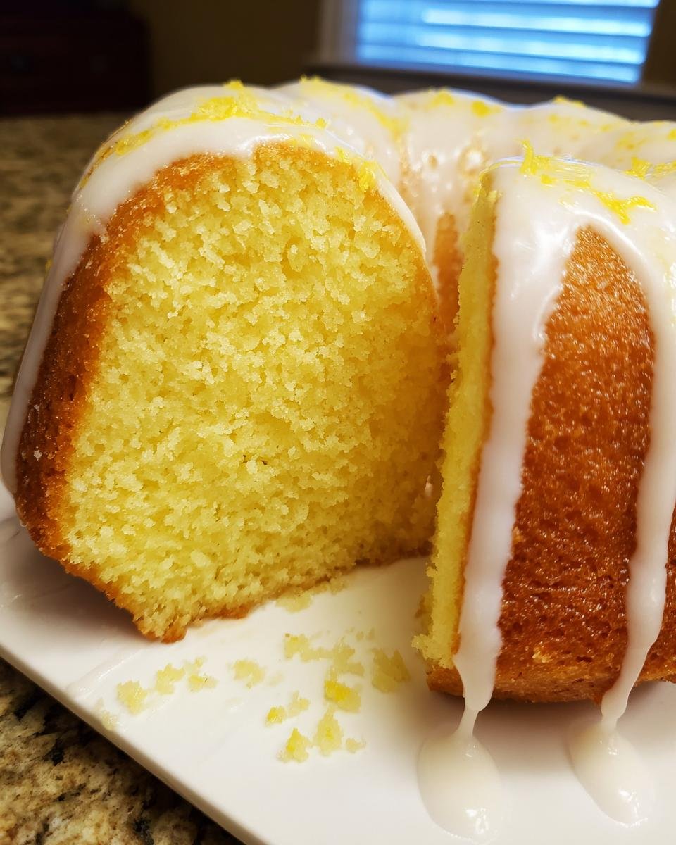 Close-up of a moist, yellow Lemon Ginger Bundt Cake with white glaze dripping down and lemon zest sprinkled on top.