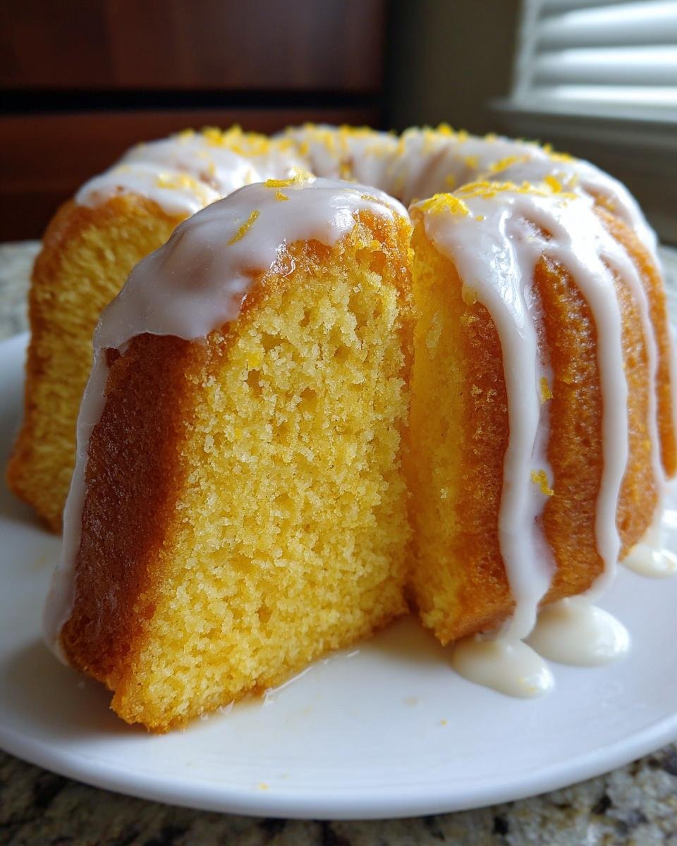 A slice cut from a Lemon Ginger Bundt Cake, showing the moist yellow crumb and thick white glaze.