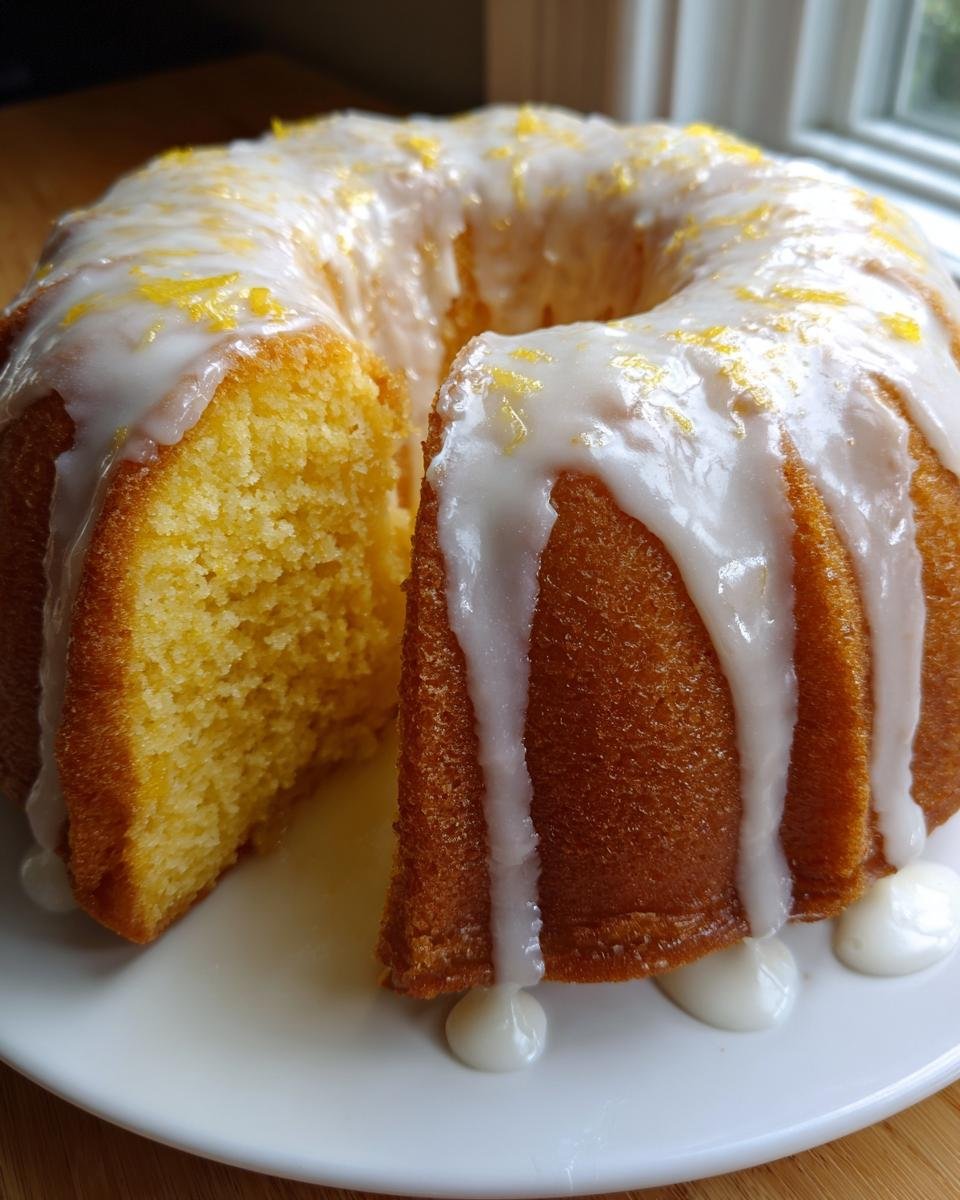 A slice cut from a moist Lemon Ginger Bundt Cake topped with white glaze and lemon zest.