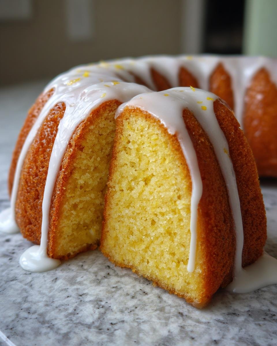 Close-up of a Lemon Ginger Bundt Cake with a slice cut out, showing the moist yellow crumb and thick white glaze.