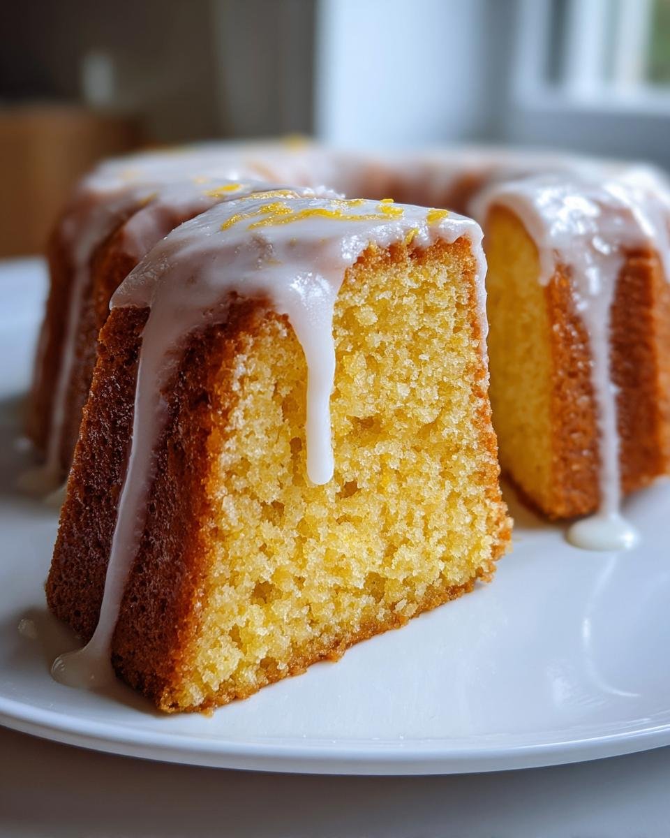 Close-up of a slice of moist Lemon Ginger Bundt Cake topped with white glaze and zest.