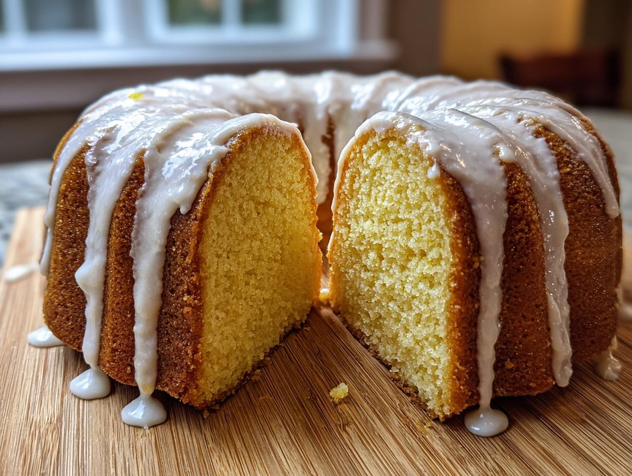 A moist Lemon Ginger Bundt Cake cut in half, showing the crumb texture and thick white glaze dripping down the sides.