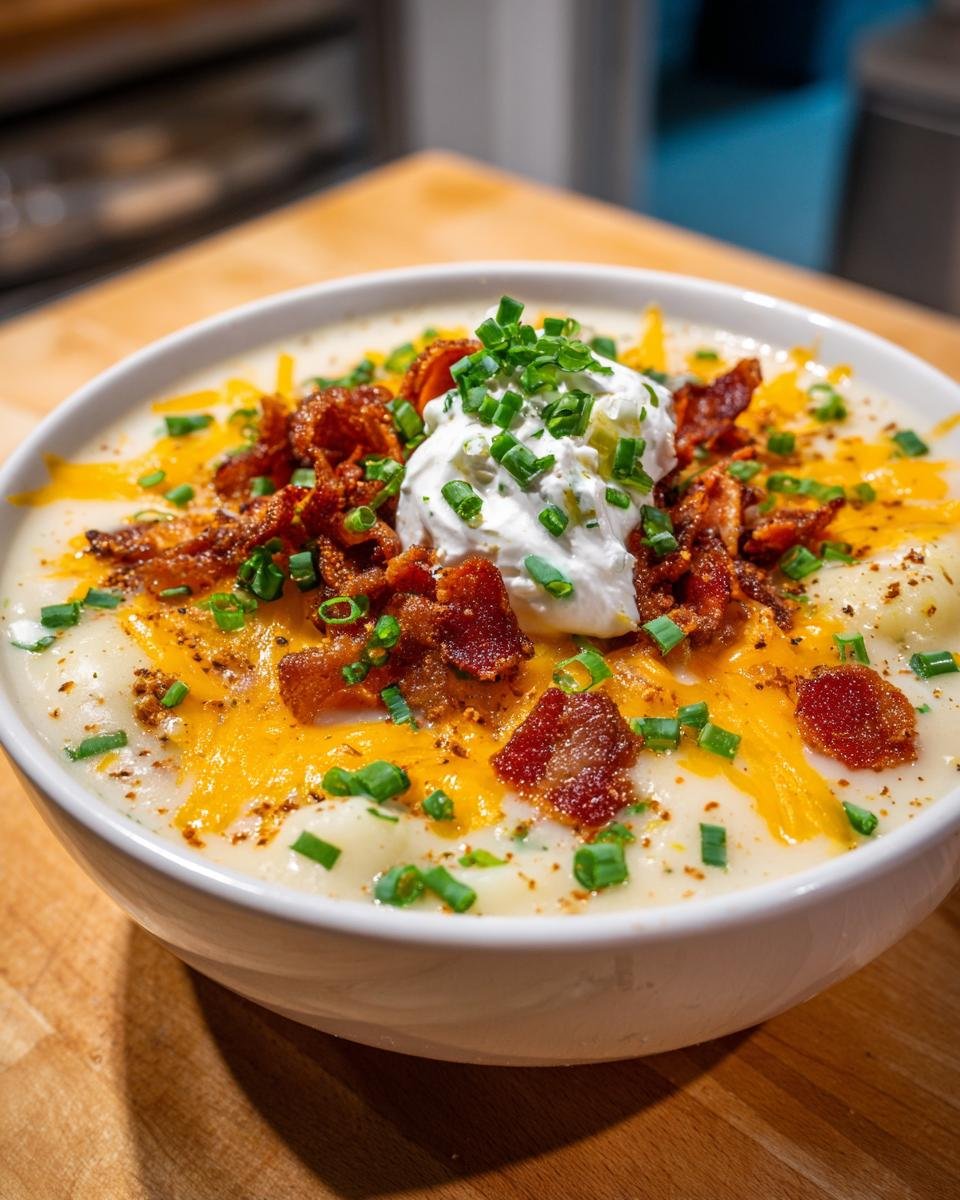A close-up of a bowl of creamy Loaded Baked Potato Soup topped with shredded cheddar, bacon bits, sour cream, and chives.