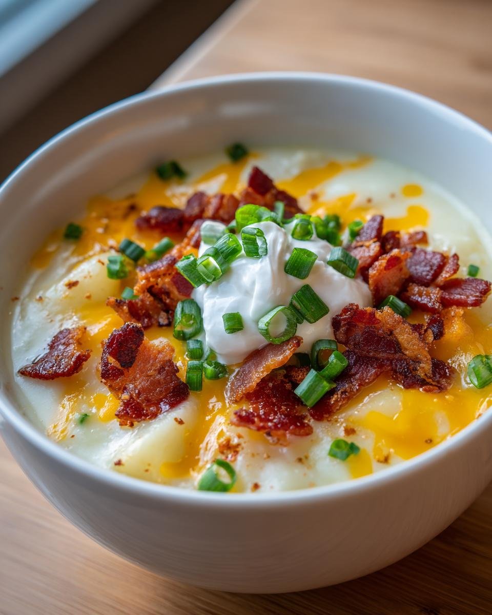 A close-up of a bowl of creamy Loaded Baked Potato Soup topped with sour cream, bacon bits, cheddar cheese, and chives.