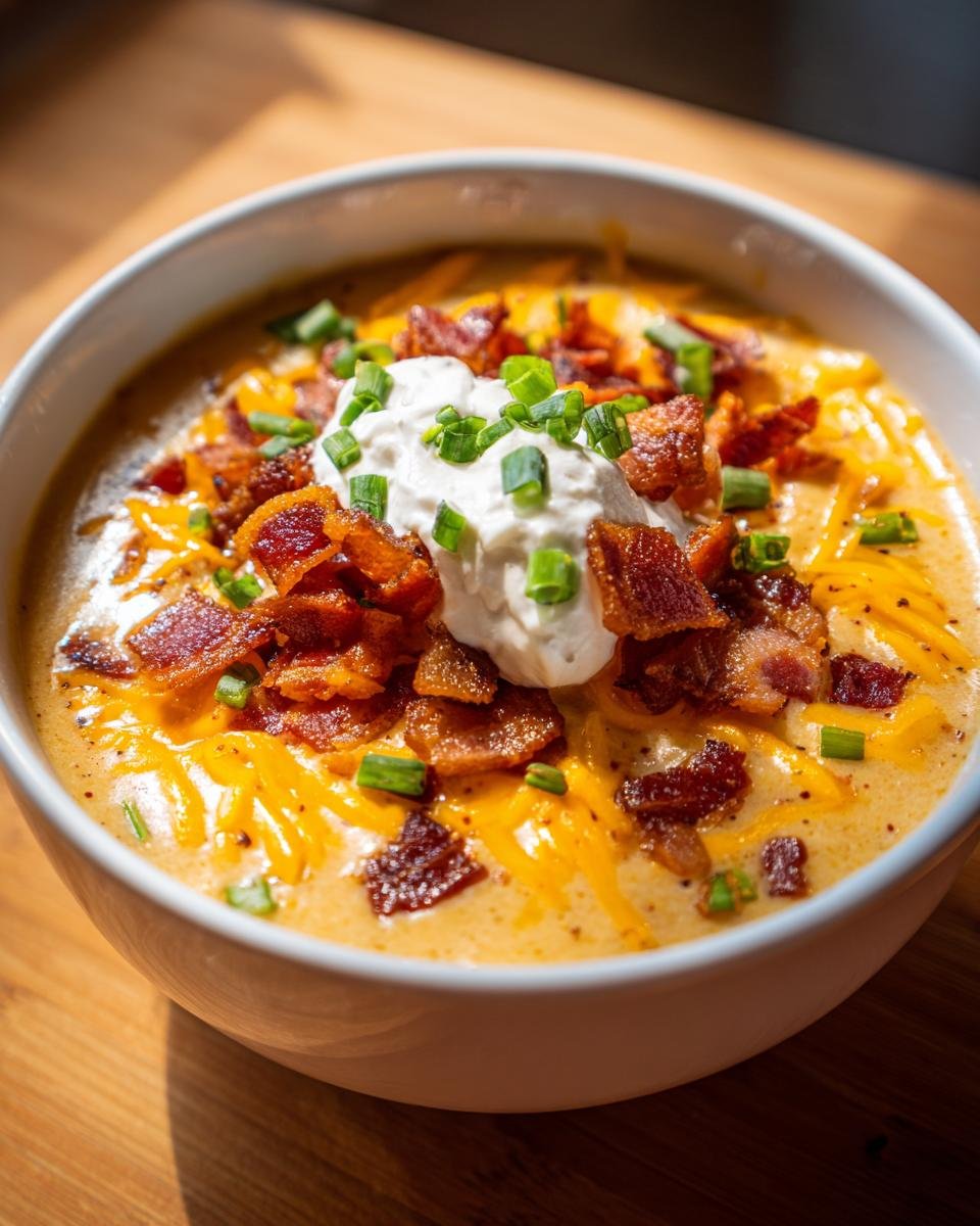 A creamy bowl of Loaded Baked Potato Soup topped generously with shredded cheddar, bacon bits, sour cream, and chives.