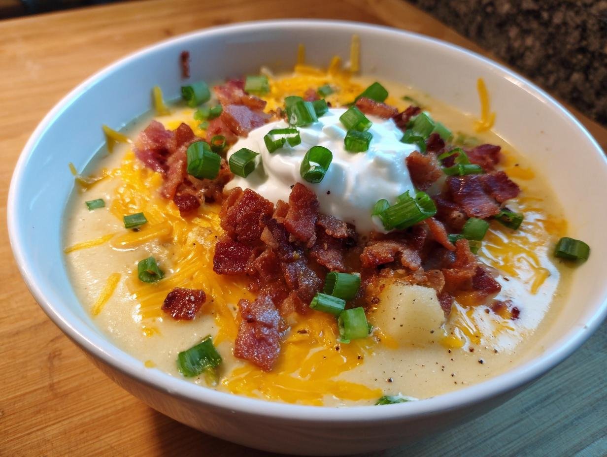 A close-up of a bowl of creamy Loaded Baked Potato Soup topped generously with shredded cheddar, bacon bits, sour cream, and green onions.