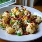 Close-up of a bowl of Loaded Cauliflower Salad with roasted cauliflower, bacon bits, cheese, and green onions.