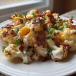 A serving of Loaded Cauliflower Salad featuring roasted cauliflower topped with melted cheese, bacon bits, and green onions.