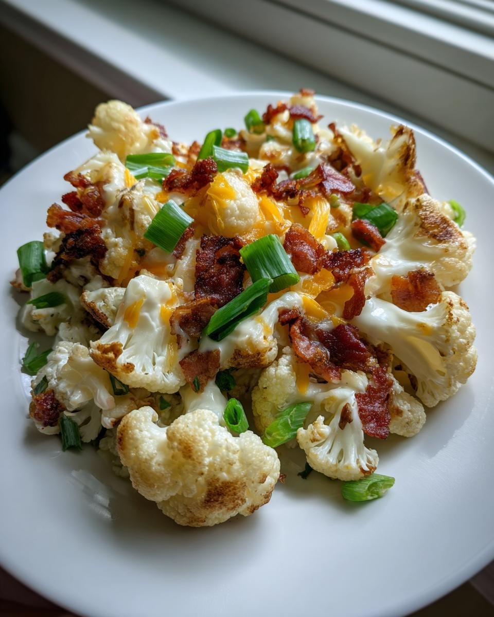 Close-up of Loaded Cauliflower Salad featuring roasted cauliflower topped with melted cheese, bacon bits, and green onions.