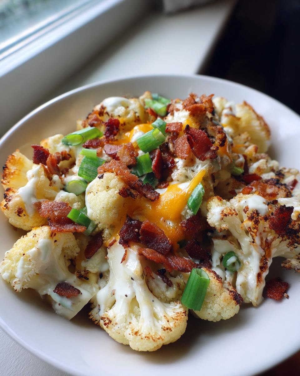 A bowl of Loaded Cauliflower Salad featuring roasted cauliflower topped with creamy sauce, melted cheddar, bacon bits, and green onions.