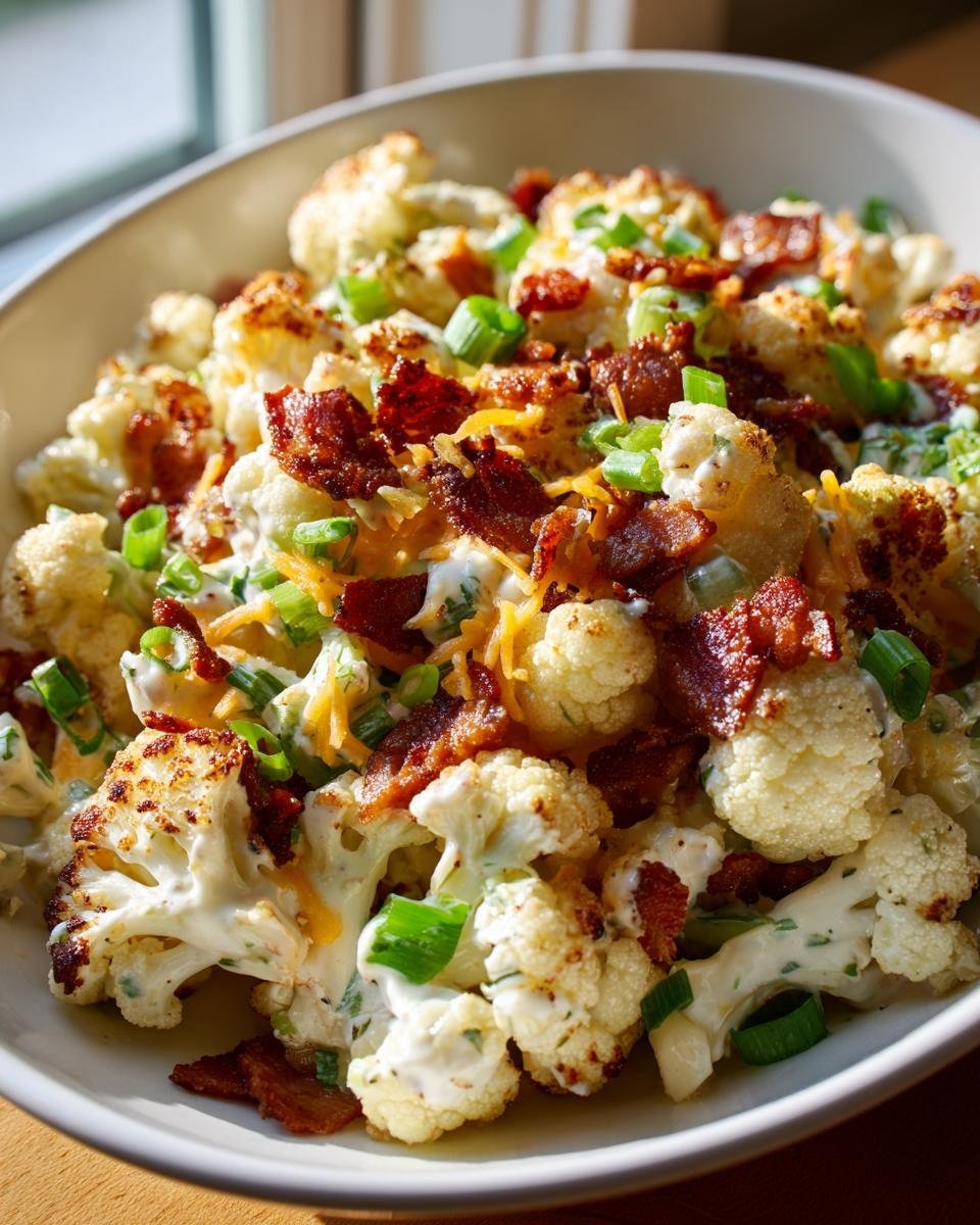 Close-up of roasted cauliflower florets tossed in a creamy dressing, topped with bacon, shredded cheese, and green onions in a Loaded Cauliflower Salad.