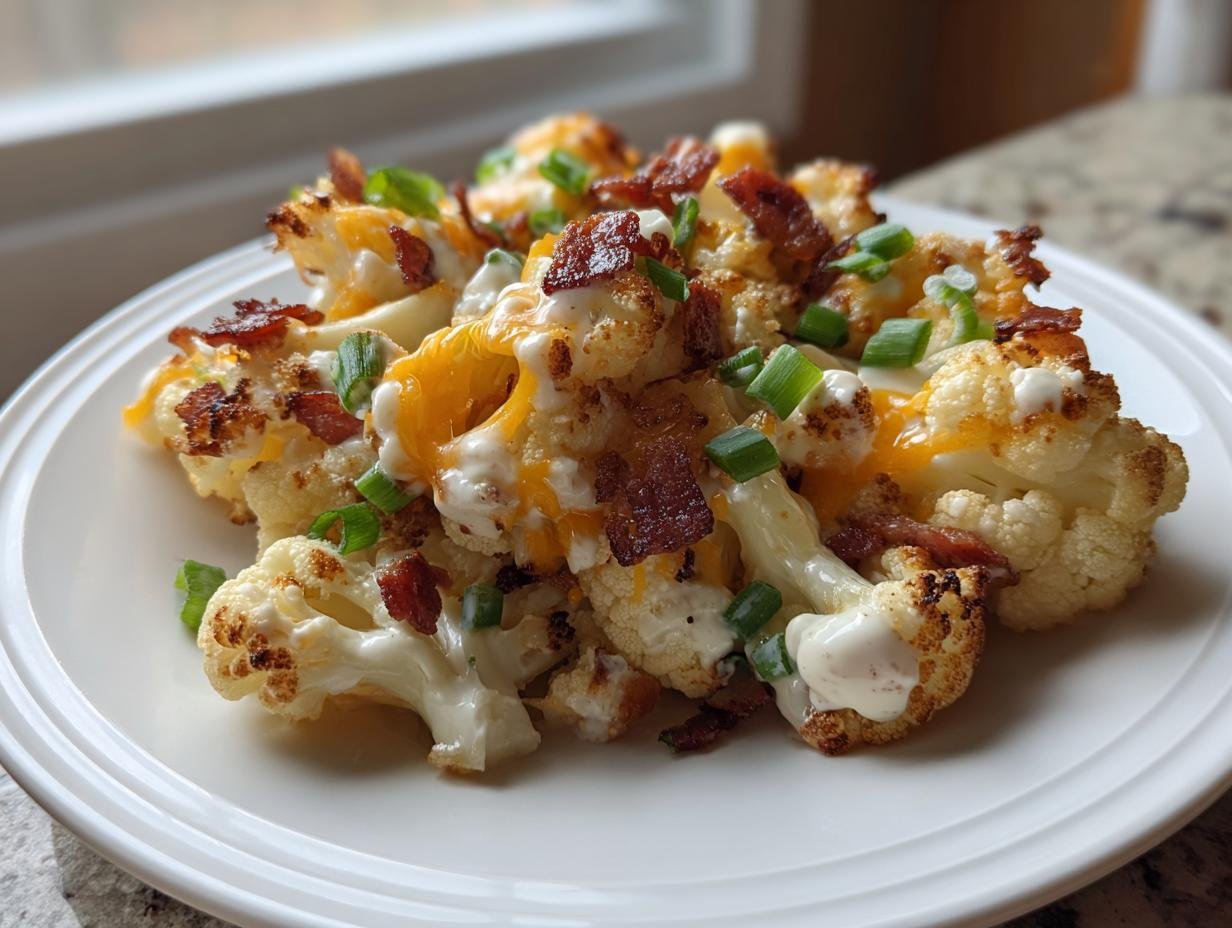 A serving of Loaded Cauliflower Salad featuring roasted cauliflower topped with melted cheese, bacon bits, and green onions.