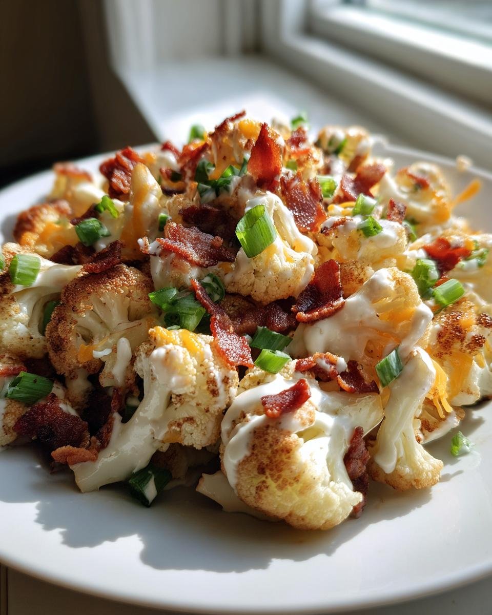 Close-up of Loaded Cauliflower Salad featuring roasted cauliflower florets drizzled with white sauce, bacon bits, and green onions.