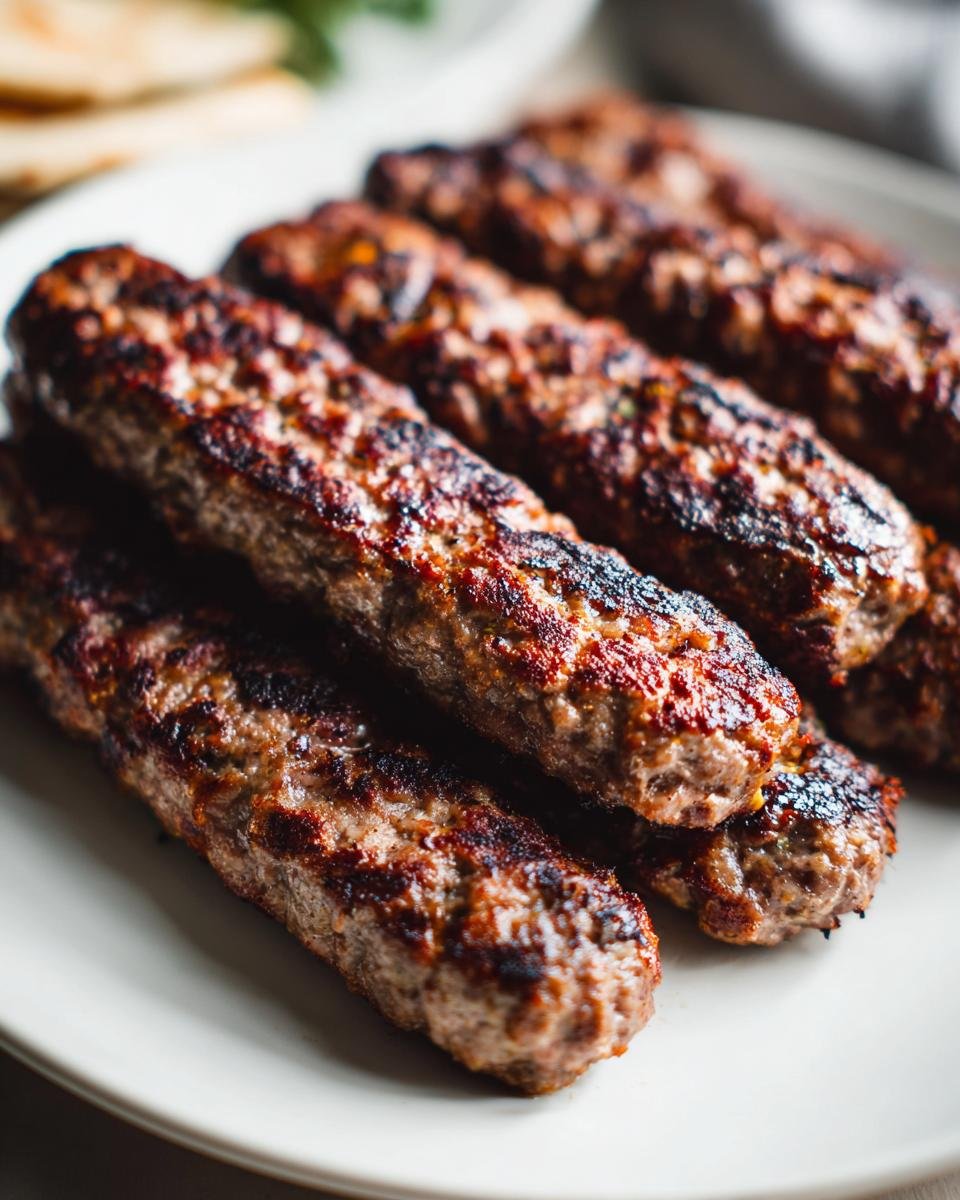Close-up of several perfectly grilled Macedonian Kebapi sausages stacked on a white plate.