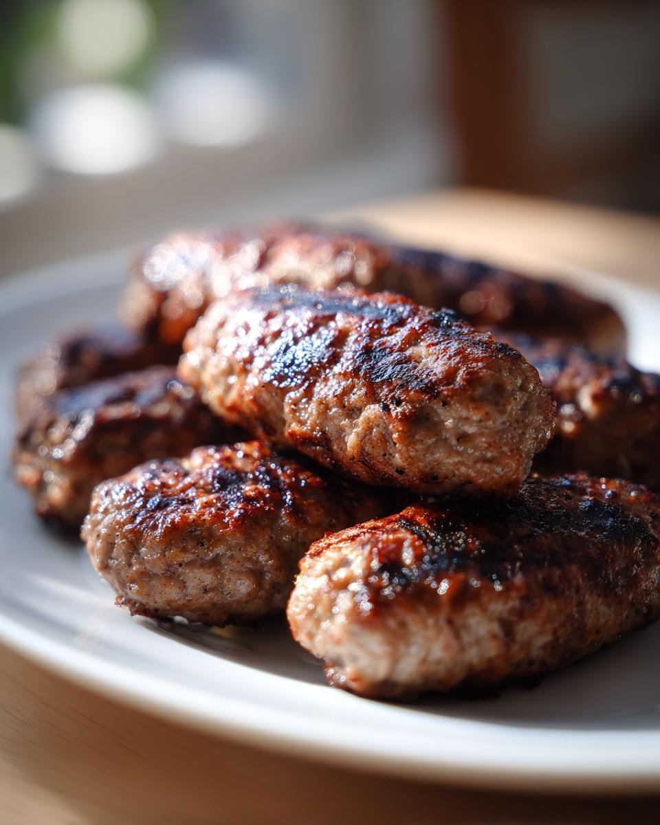 A close-up of several freshly grilled Macedonian Kebapi piled on a white plate, showing char marks.