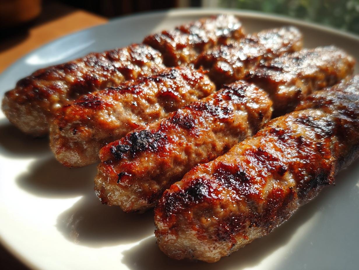 Close-up of four perfectly grilled, browned Macedonian Kebapi sausages on a white plate.