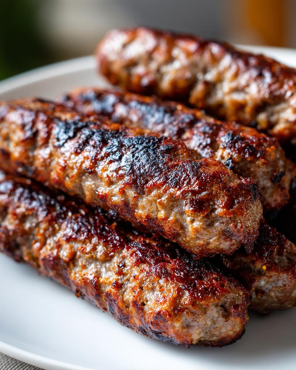Close-up of several juicy, grilled Macedonian Kebapi stacked on a white plate, showing charred seasoning.