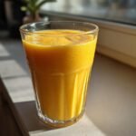 A vibrant, thick orange Mango Banana Smoothie served in a tall, textured glass on a sunny windowsill.