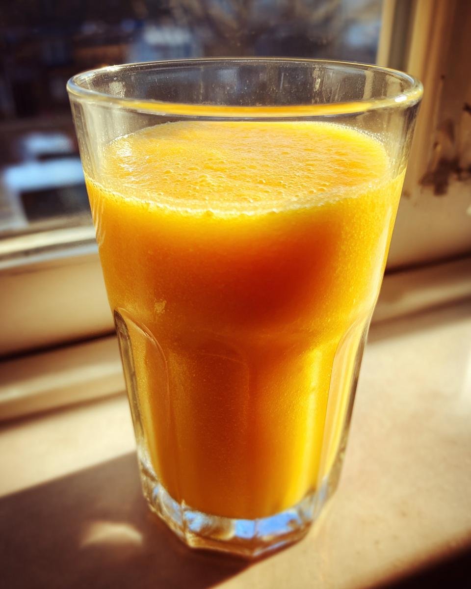 Close-up of a vibrant orange Mango Banana Smoothie filling a clear glass, sitting in sunlight.