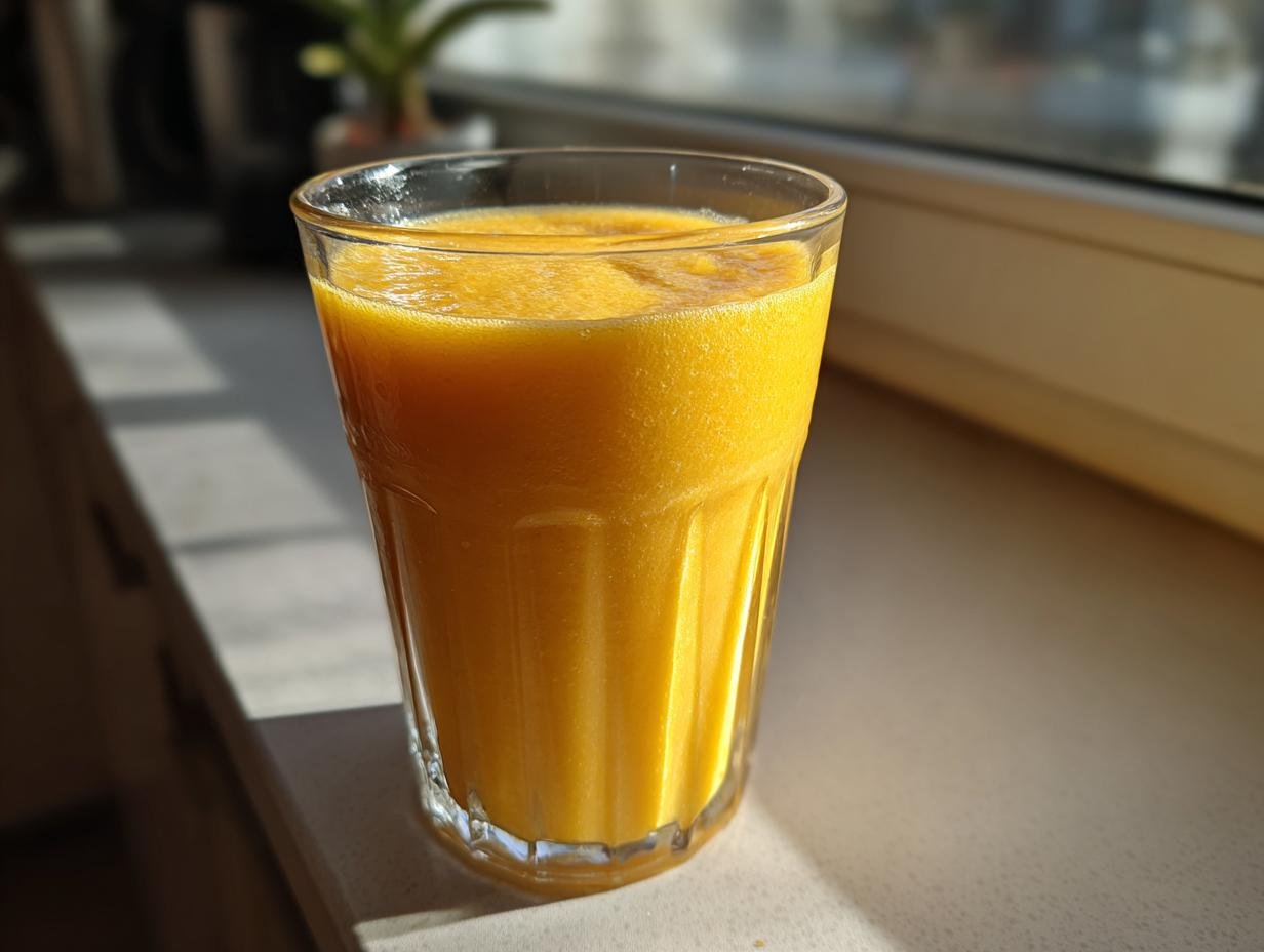 A vibrant, thick orange Mango Banana Smoothie served in a tall, textured glass on a sunny windowsill.