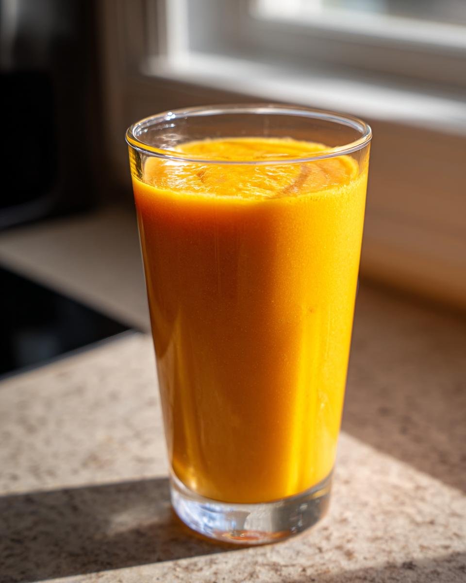 A vibrant, thick orange Mango Banana Smoothie served in a tall clear glass on a sunlit countertop.