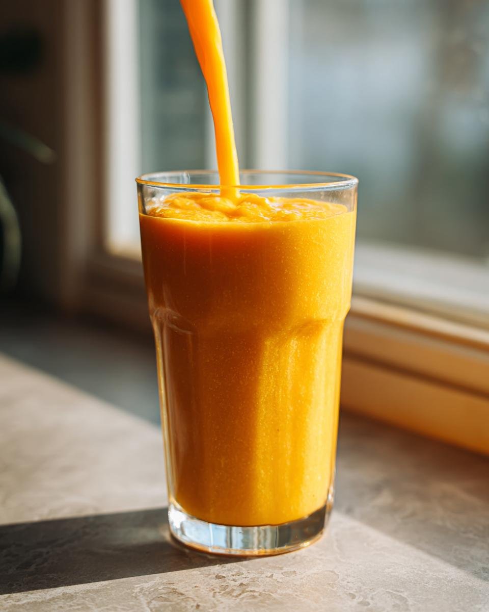 A thick, bright orange Mango Banana Smoothie being poured into a tall glass on a sunlit countertop.