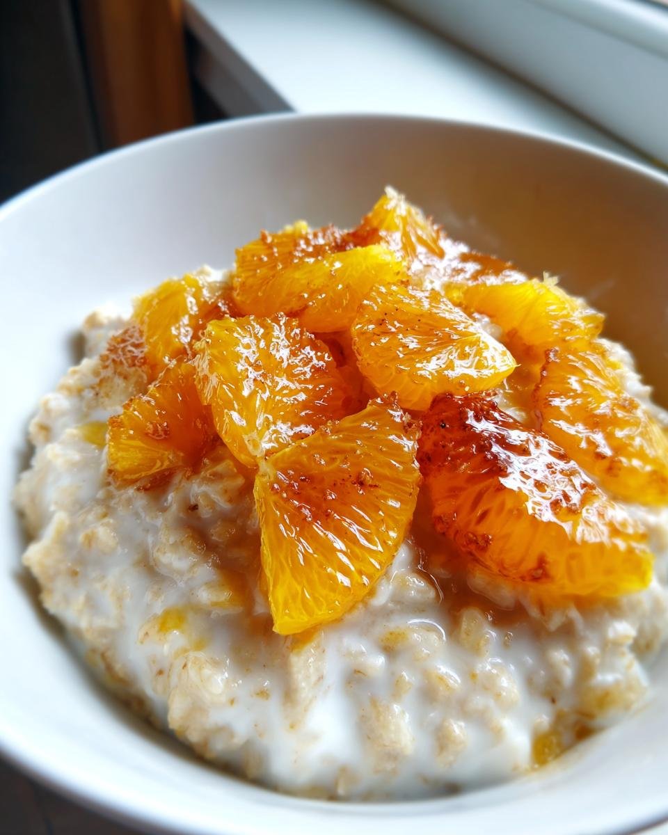 Close-up of creamy Maple Cinnamon Oatmeal topped with glistening caramelized orange slices and cinnamon.