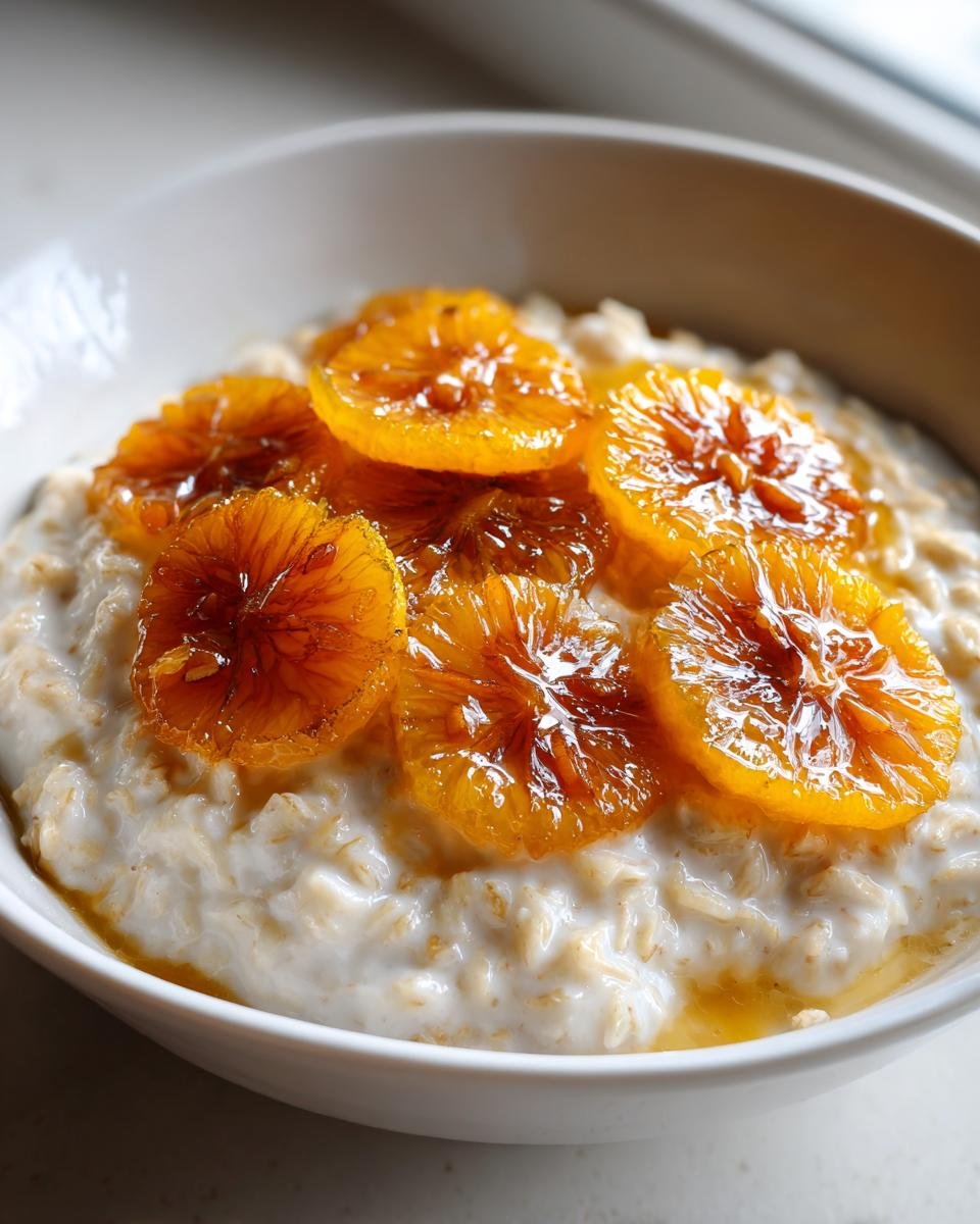 Creamy bowl of Maple Cinnamon Oatmeal topped with glistening, caramelized orange slices.