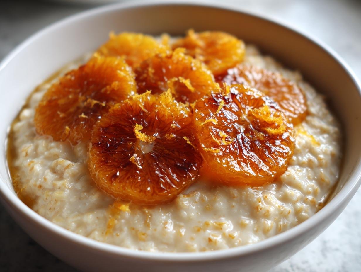 Close-up of creamy Maple Cinnamon Oatmeal topped with glistening, caramelized orange slices.