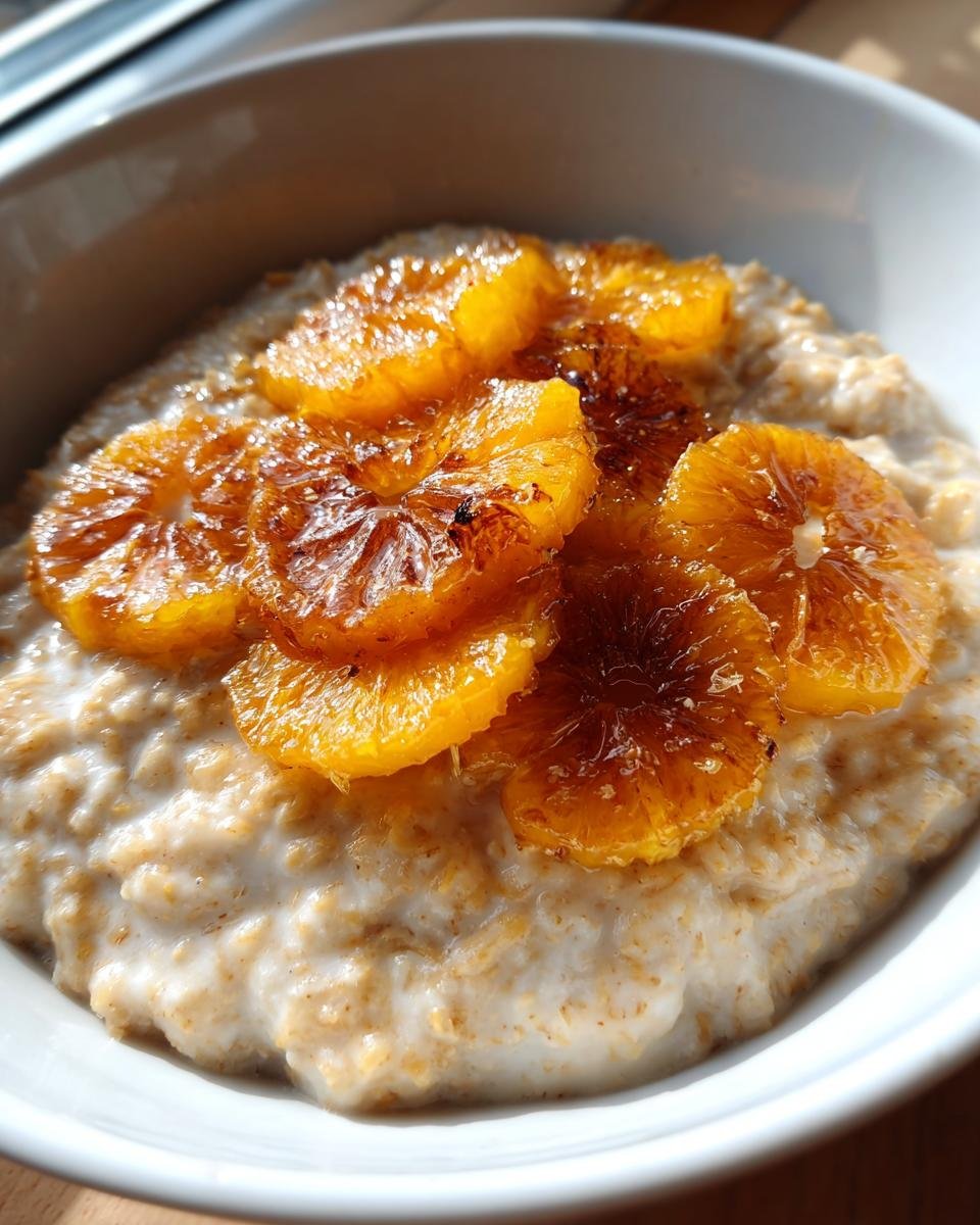 A bowl of creamy Maple Cinnamon Oatmeal topped with glistening, caramelized orange slices.