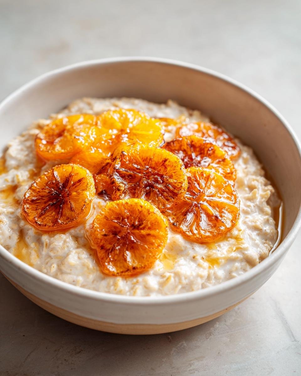 A bowl of creamy Maple Cinnamon Oatmeal topped with caramelized orange slices and drizzled with syrup.