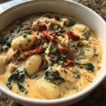 Close-up of a bowl of Marry Me Tuscan Chicken Gnocchi Soup with shredded chicken, spinach, and sun-dried tomatoes.