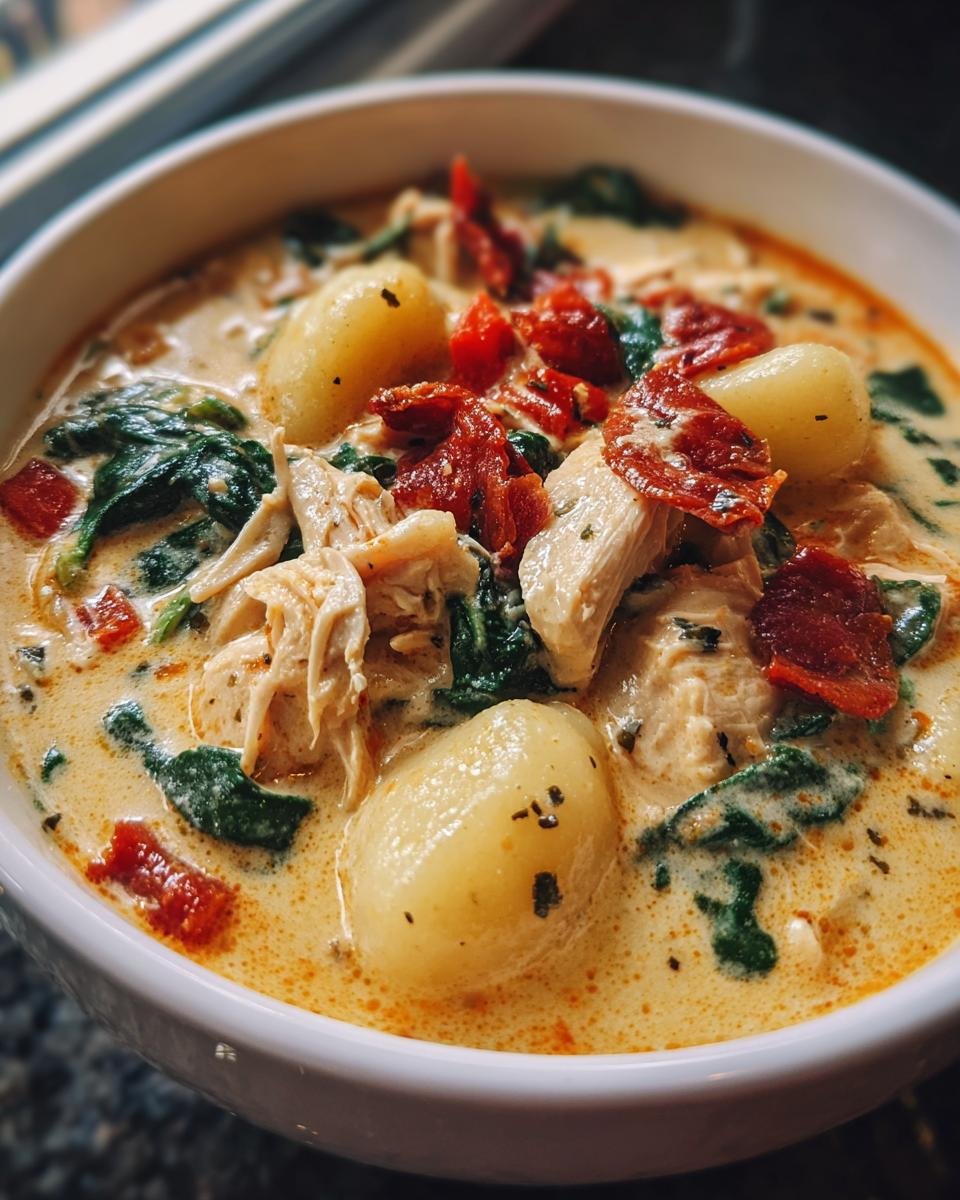 A close-up bowl of creamy Marry Me Tuscan Chicken Gnocchi Soup featuring tender chicken, spinach, and sun-dried tomatoes.