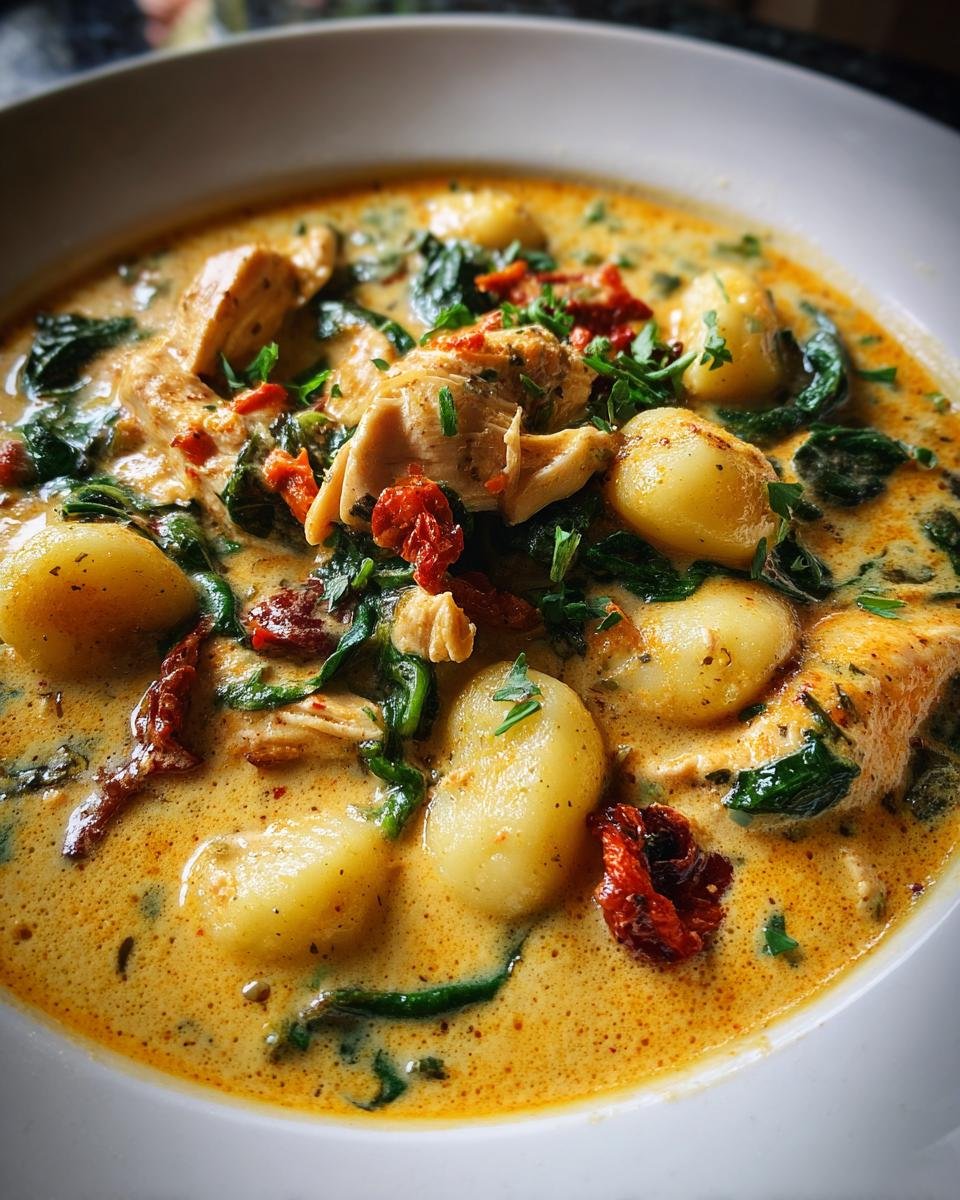 Close-up of creamy Marry Me Tuscan Chicken Gnocchi Soup with chicken pieces, spinach, and sun-dried tomatoes.