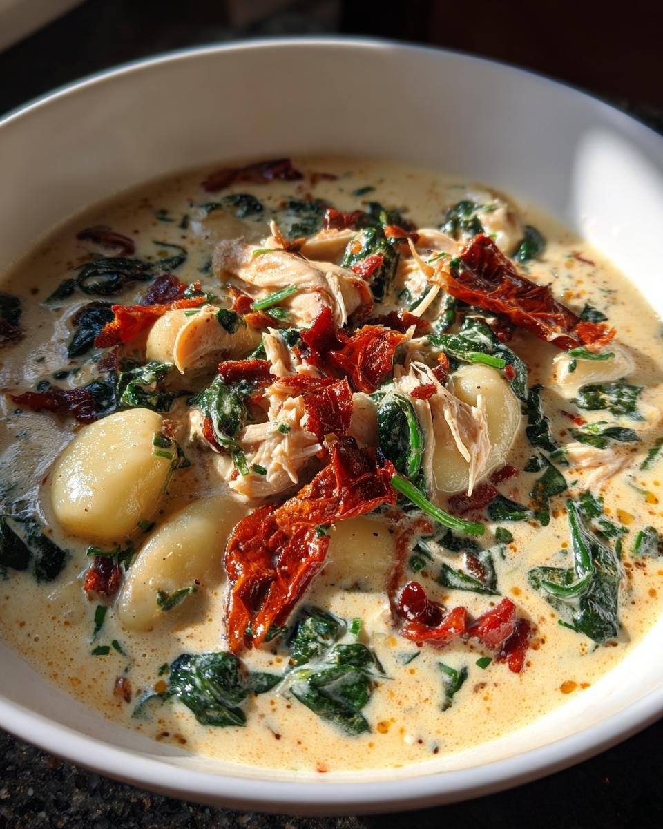 A close-up of a bowl of Marry Me Tuscan Chicken Gnocchi Soup with gnocchi, shredded chicken, spinach, and sun-dried tomatoes.