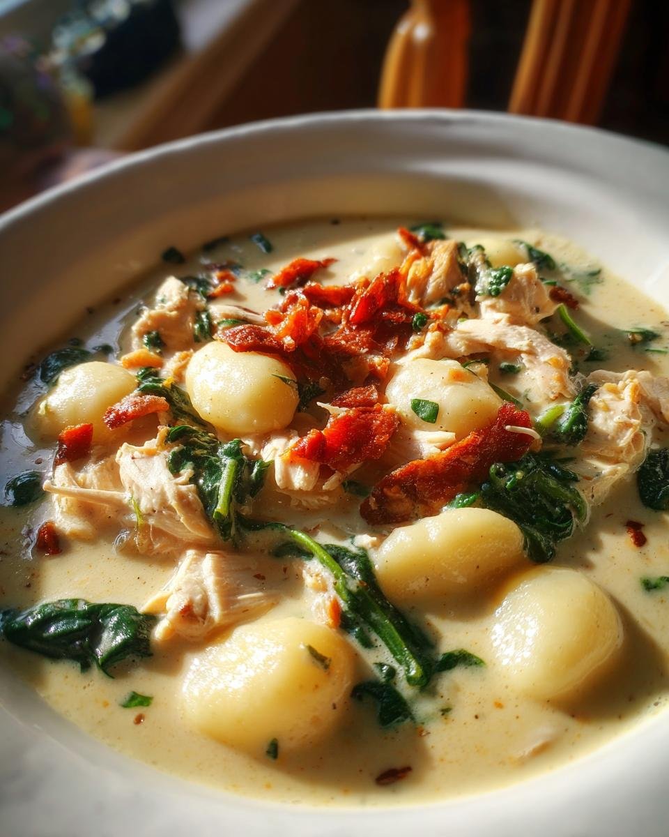Close-up of a creamy bowl of Marry Me Tuscan Chicken Gnocchi Soup with spinach and sun-dried tomatoes.