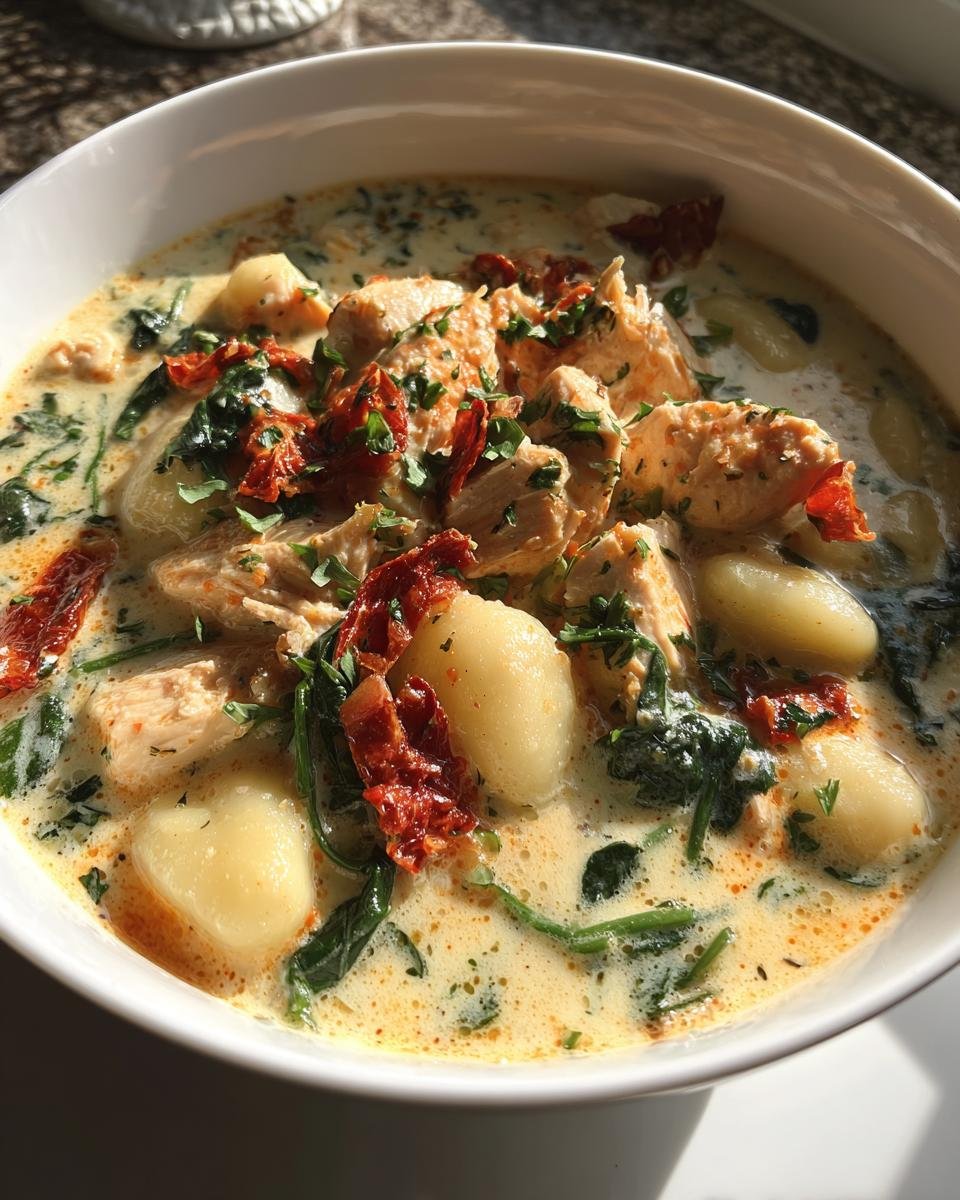 A close-up of a creamy bowl of Marry Me Tuscan Chicken Gnocchi Soup with spinach and sun-dried tomatoes.