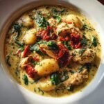 Close-up of creamy Marry Me Tuscan Chicken Gnocchi Soup featuring gnocchi, shredded chicken, spinach, and sun-dried tomatoes.