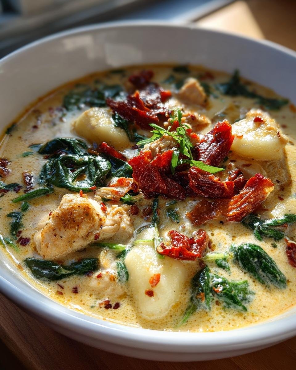 A close-up of a white bowl filled with creamy Marry Me Tuscan Chicken Gnocchi Soup, topped with sun-dried tomatoes and spinach.