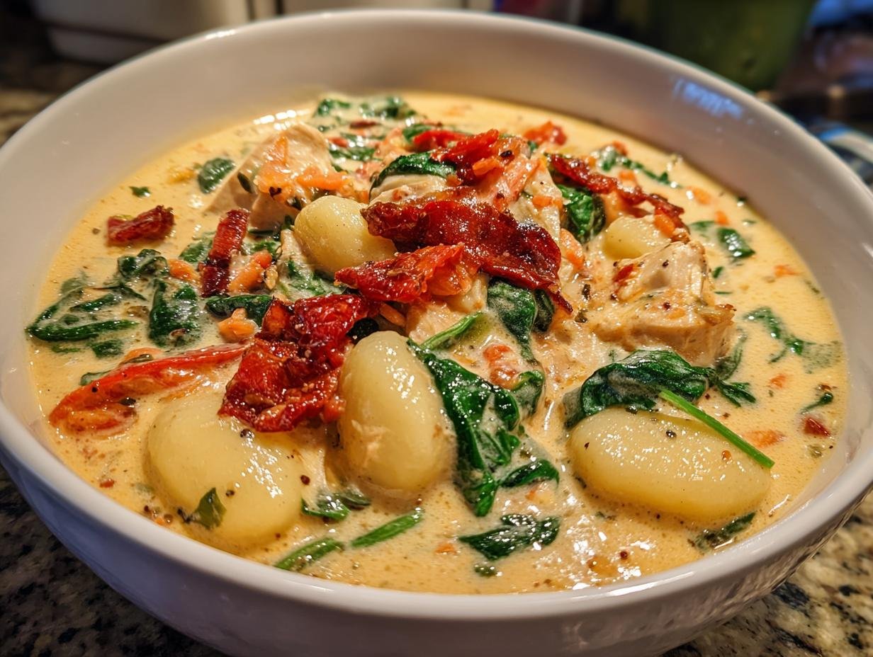 Close-up of Marry Me Tuscan Chicken Gnocchi Soup featuring plump gnocchi, spinach, and sun-dried tomatoes in a creamy sauce.