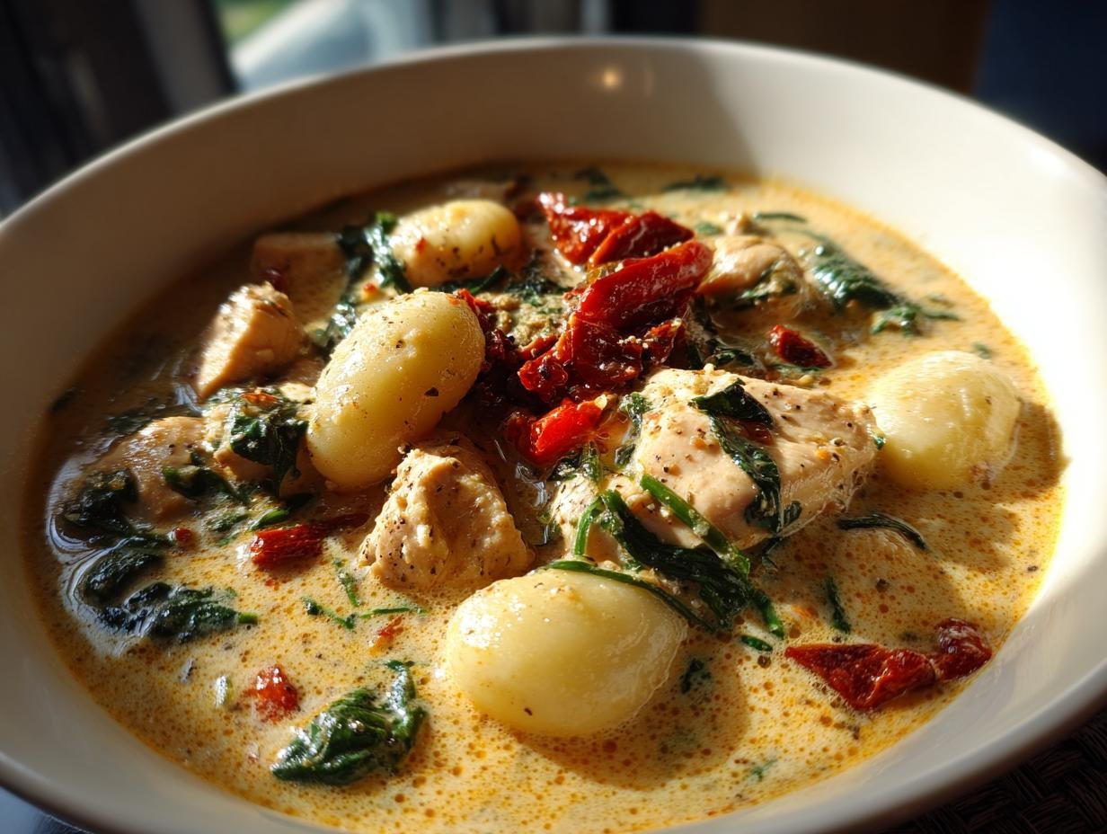 A close-up of rich Marry Me Tuscan Chicken Gnocchi Soup featuring chicken, gnocchi, spinach, and sun-dried tomatoes.