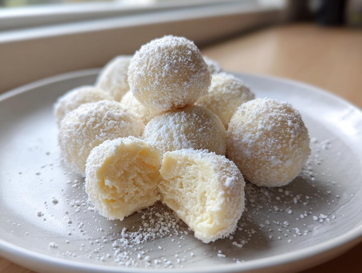A pile of creamy Mascarpone White Chocolate Truffles dusted heavily with powdered sugar on a light gray plate.