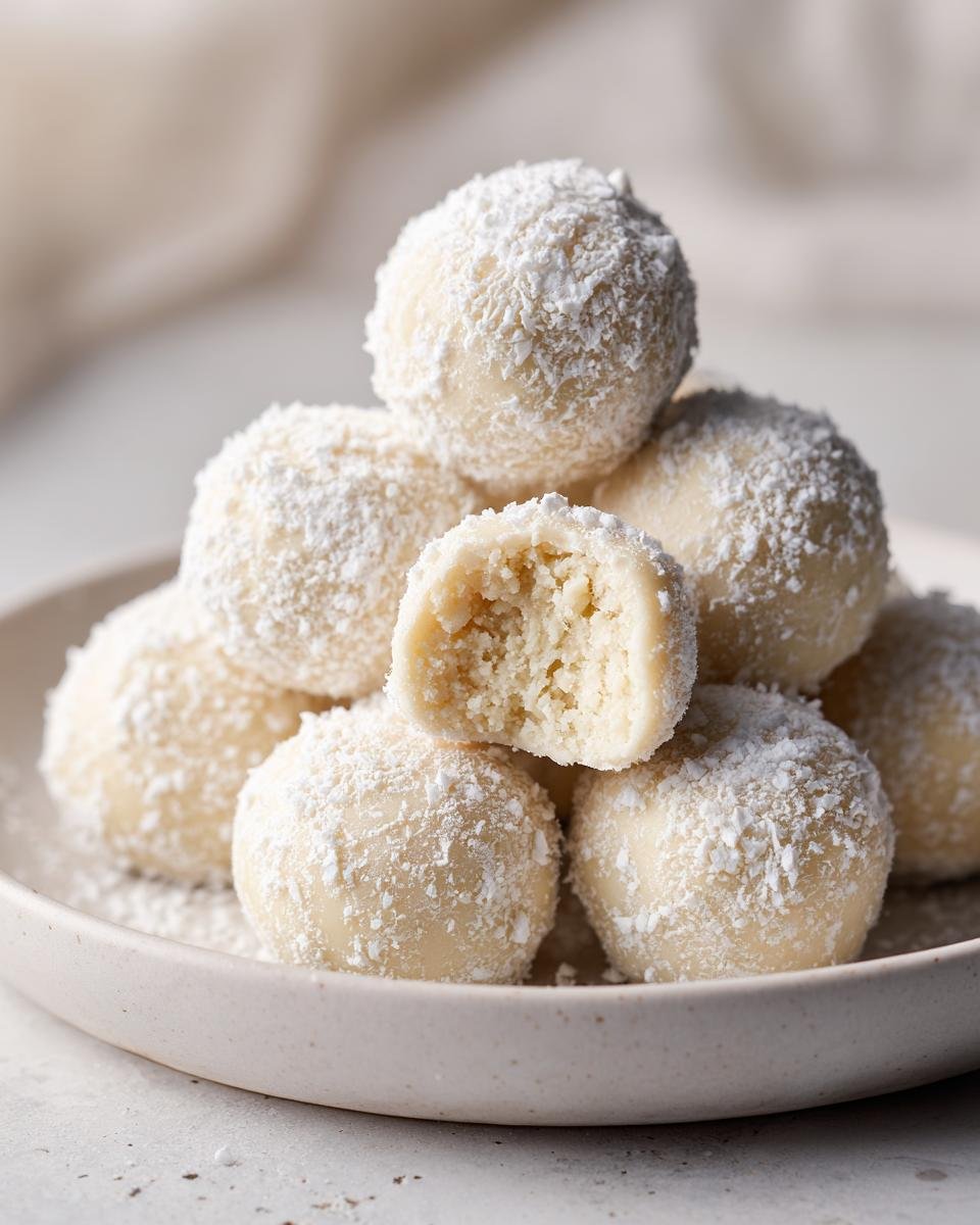 A stack of creamy Mascarpone White Chocolate Truffles dusted heavily with powdered sugar, one is cut open.